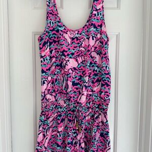 Lilly Pulitzer Romper - Pink & Blue - Smocked Waist -  Beaded Tie - Size Small